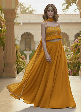 Mustard Georgette Zari Sequins A Line Lehenga