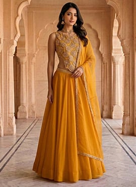 Mustard Georgette Zari Sequins Cut Dana Lehenga