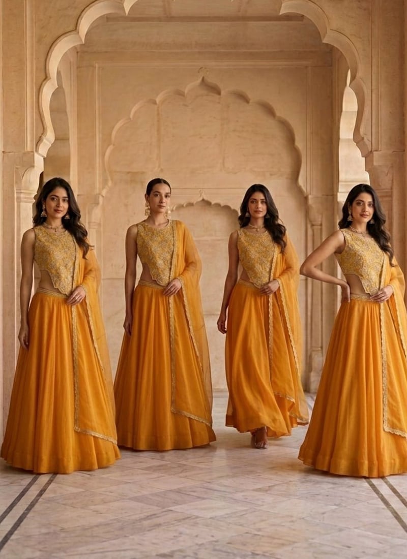 Mustard Georgette Zari Sequins Cut Dana Lehenga Wedding Wear
