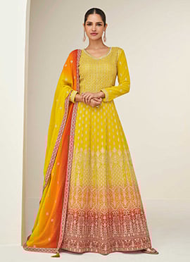 Mustard Georgette Zari Sequins Embroidered A Line Anarkali Suit