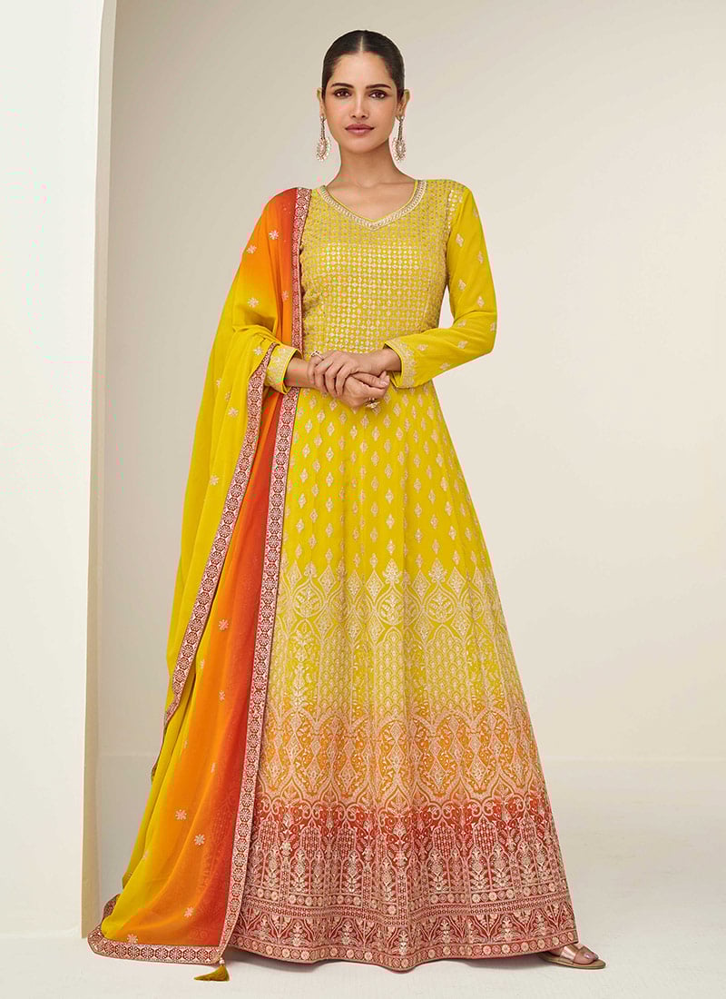 Mustard Georgette Zari Sequins Embroidered A Line Anarkali Suit Festive Wear