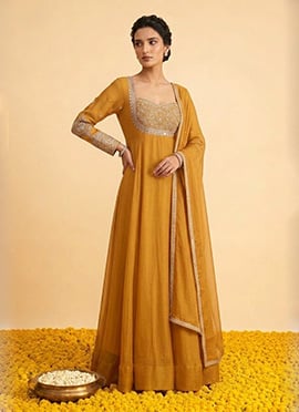 Mustard Georgette Zari Sequins Embroidered Anarkali Suit