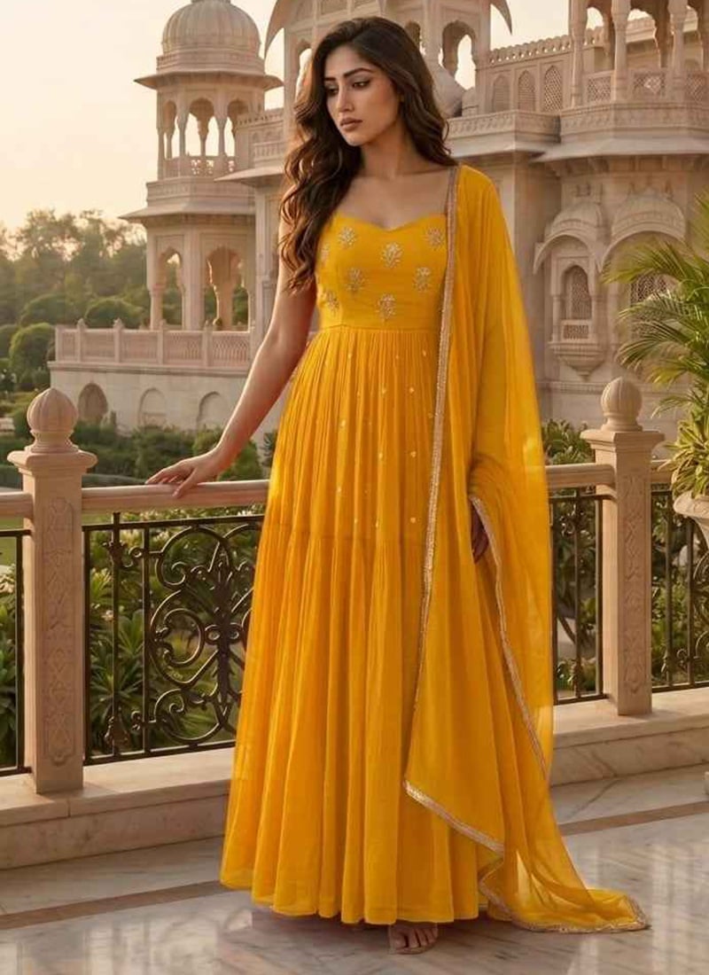Mustard Georgette Zari Sequins Embroidered Anarkali Suit Festive Wear