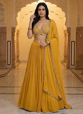 Mustard Georgette Zari Sequins Stone Hand Embroidered Lehenga