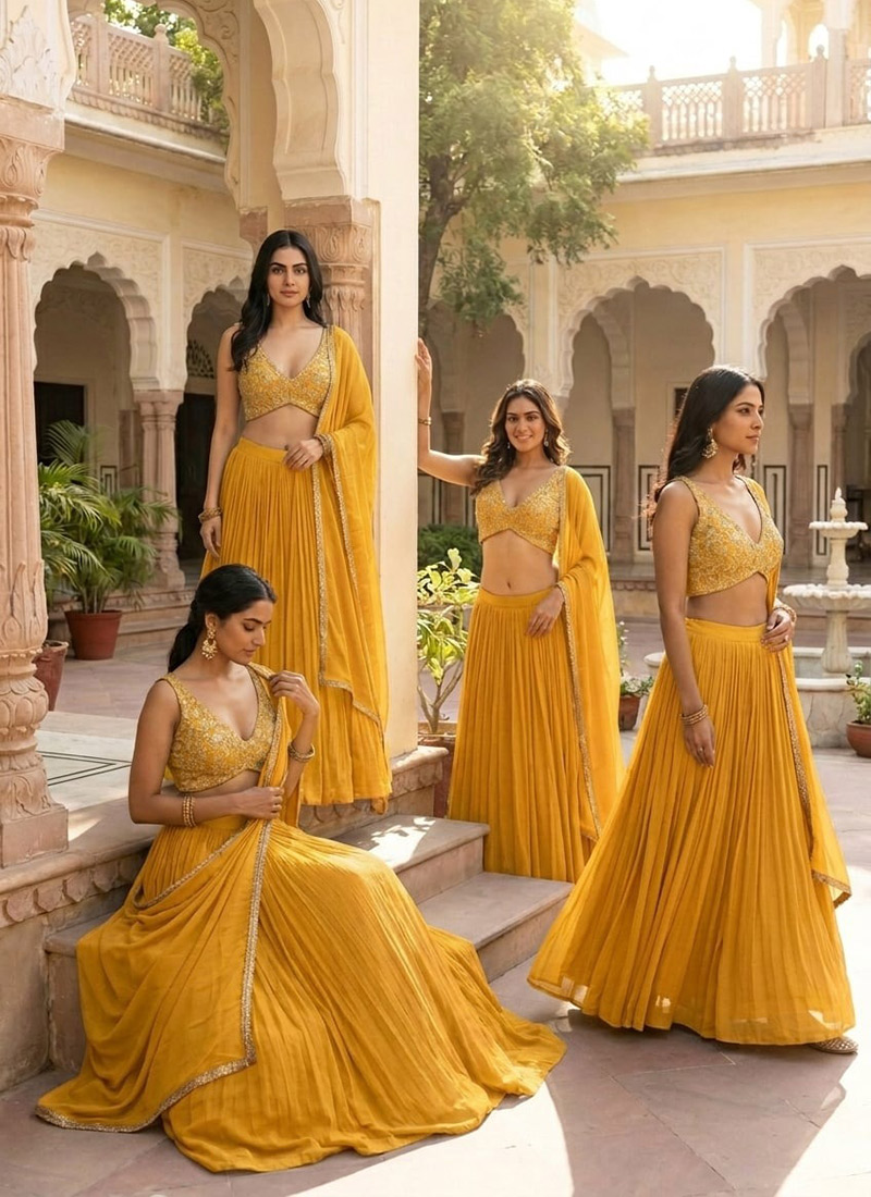 Mustard Georgette Zari Sequins Stone Hand Embroidered Lehenga Wedding Wear