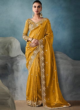 Mustard Glass Tissue Zari Embroidered Sequins Saree
