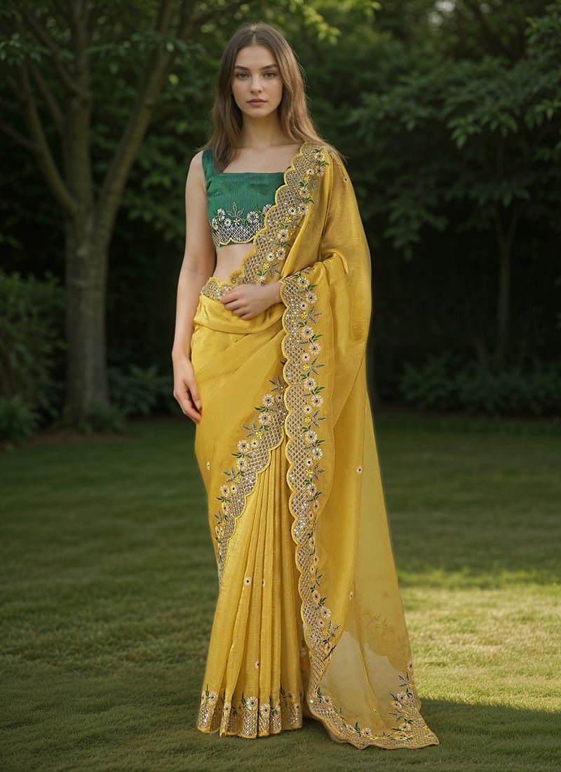 Mustard Gold Crunchy Silk Embroidered Sequins Saree Festive Wear