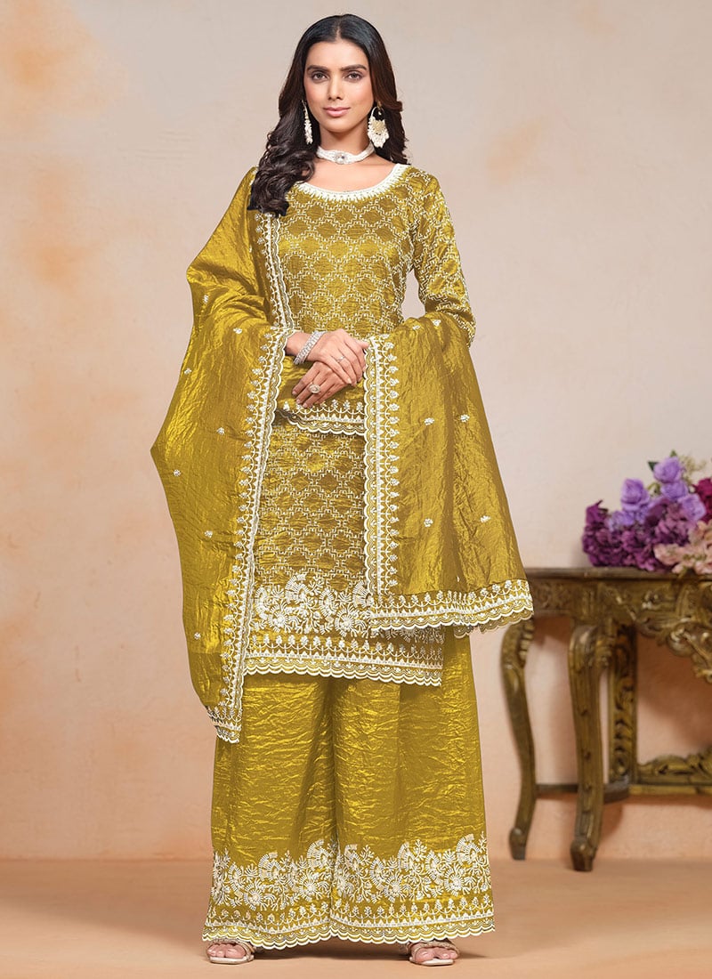 Mustard Gold Crush Embroidered Sequins Elegant Palazzo Suit