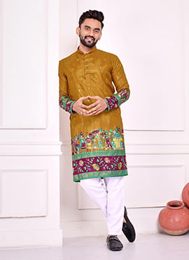 Mustard Green Dola Silk Patola Foil Print Kurta Pyjama