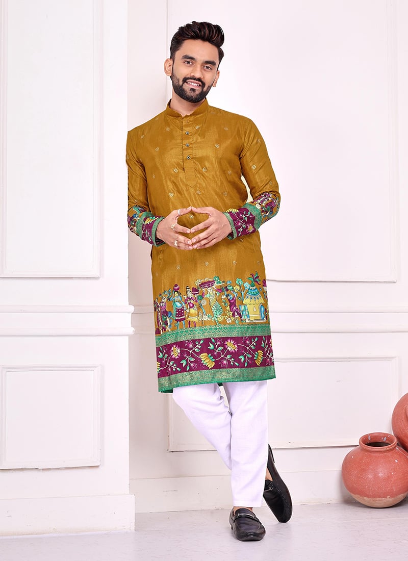 Mustard Green Dola Silk Patola Foil Print Kurta Pyjama Festive Wear