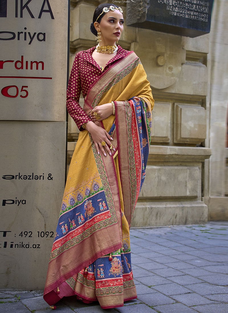 Mustard Green Silk Foil Print Saree Festive Wear