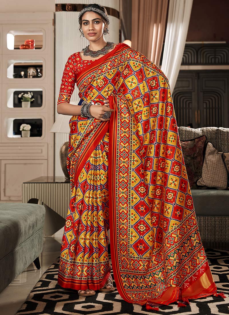 Mustard Handllom Silk Patola Print Saree Festive Wear