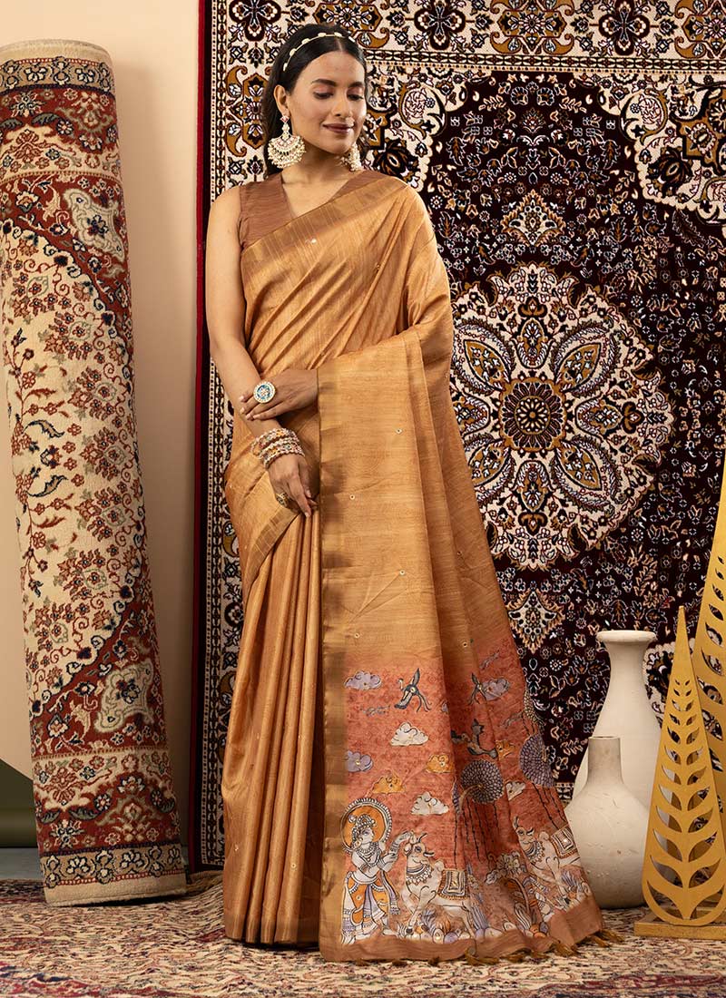 Mustard Handloom Silk Thread And Digital Print Saree Festive Wear
