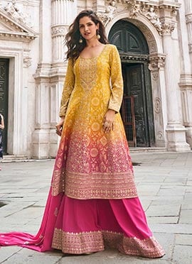 Mustard Jacquard Silk Embroidered Sequins Embellished Palazzo Suit