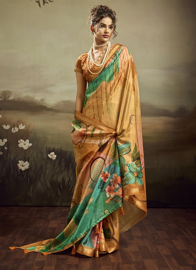 Mustard Jacquard Silk Floral Woven Saree After Six Wear