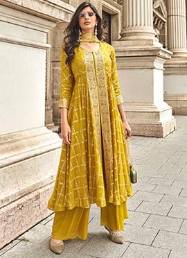 Mustard Jacquard Silk Hand Work Embroidered High Slit Palazzo Suit