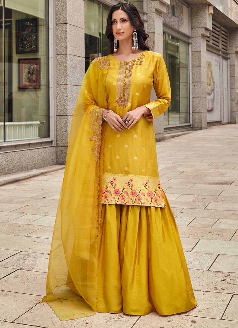 Mustard Jacquard Silk Palazzo Suit With Embroidery After Six Wear