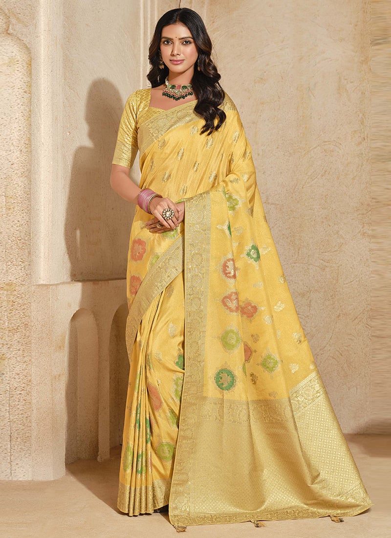 Mustard Jacquard Silk With Zari Woven Saree Festive Wear