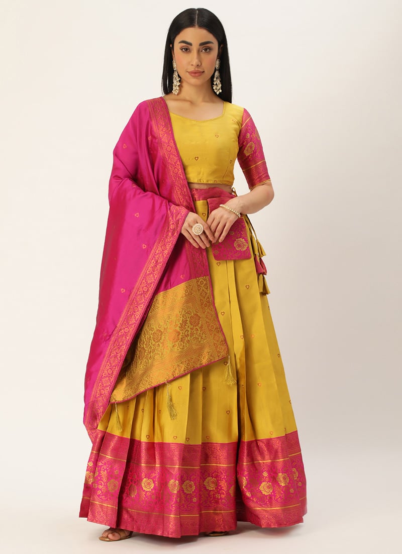 Mustard Jacquard Silk Zari Embossed A Line Lehenga Festive Wear