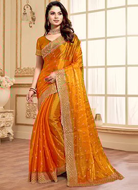 Mustard Organza Zari Embroidered Sequins Saree