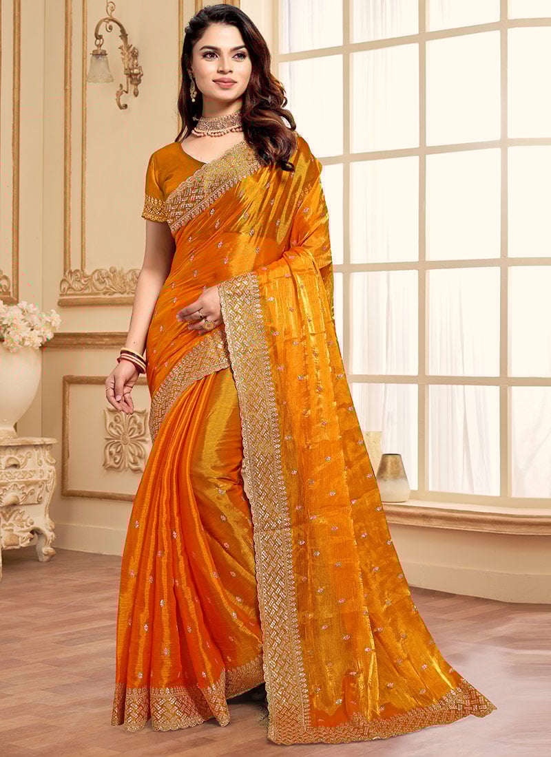 Mustard Organza Zari Embroidered Sequins Saree Festive Wear
