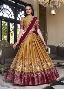 Mustard Kanchipuram Silk Zari Embroidered Sequins With Patola Print Lehenga Festive Wear