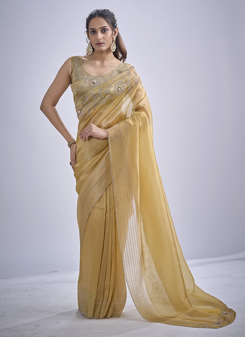 Mustard Kanjivaram Silk Hand Embroidered Sequins With Cutdan And Tikki Work Saree After Six Wear