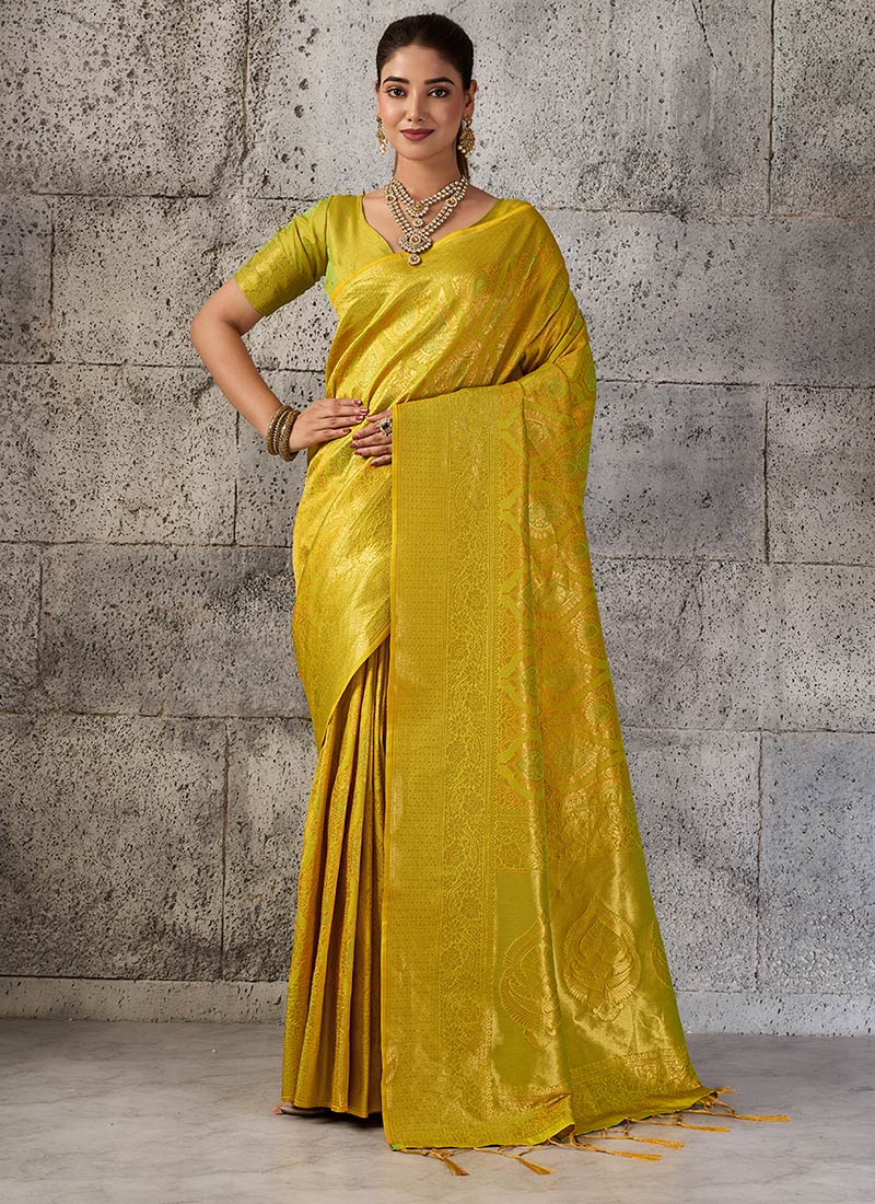 Mustard Kanjivaram Silk Zari Jauquard Woven Saree Festive Wear