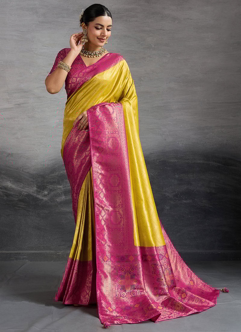 Mustard Kanjivaram Silk Zari Saree With Kadiyal Pattern Woven Meenakari Woven Pallu