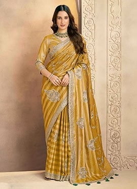 Mustard Kanjivaram Zari Silk Sequins Stones Aari Saree