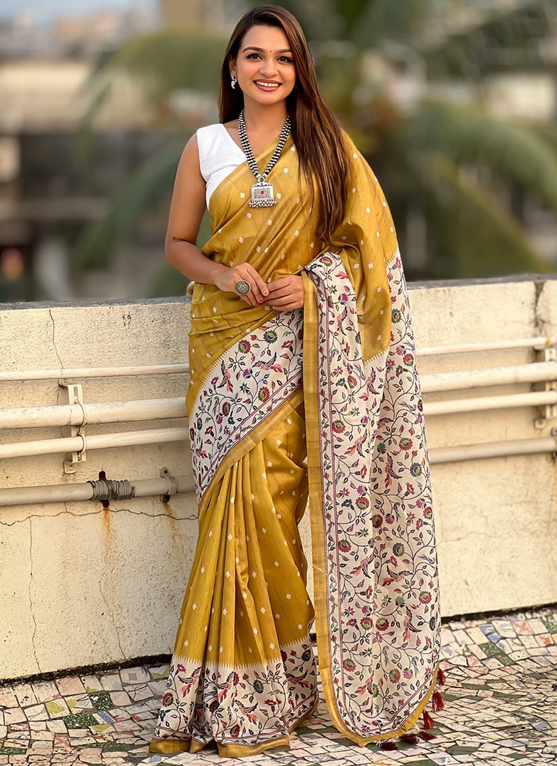 Mustard Katki Silk Kalamkari Floral Print Saree After Six Wear