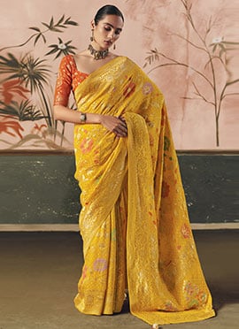 Mustard Khadi Georgette Bandhej Woven Work Jacquard Saree