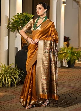 Mustard Khadi Raw Silk Madhubani Printed Zari Woven Saree