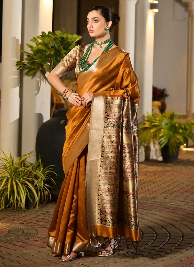 Mustard Khadi Raw Silk Madhubani Printed Zari Woven Saree