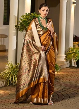 Mustard Khadi Raw Silk Printed With Zari Woven Saree