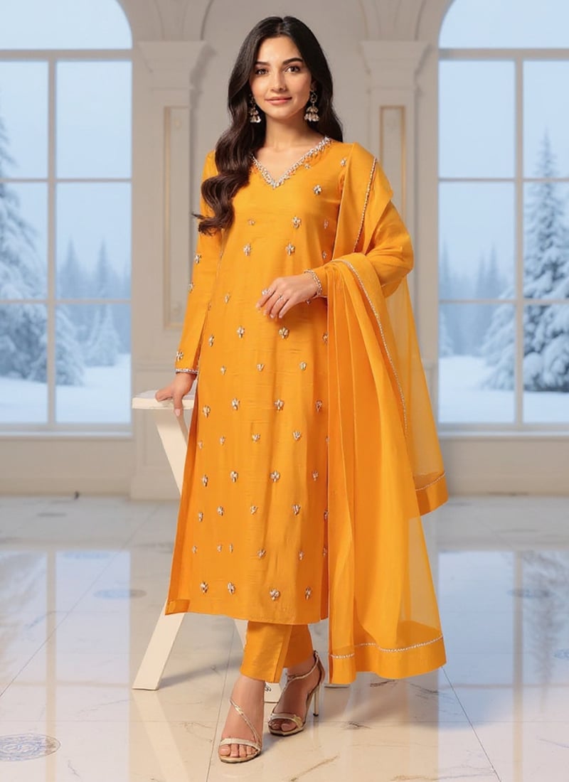 Mustard Khadi Silk Stones Moti Hand Embroidered Straight Pant Suit Festive Wear