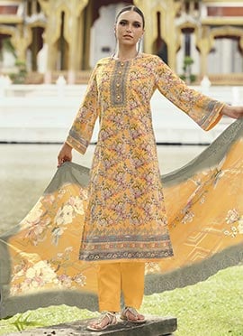 Mustard Lawn Cotton Digital Print Embroidered Thread Straight Pant Suit