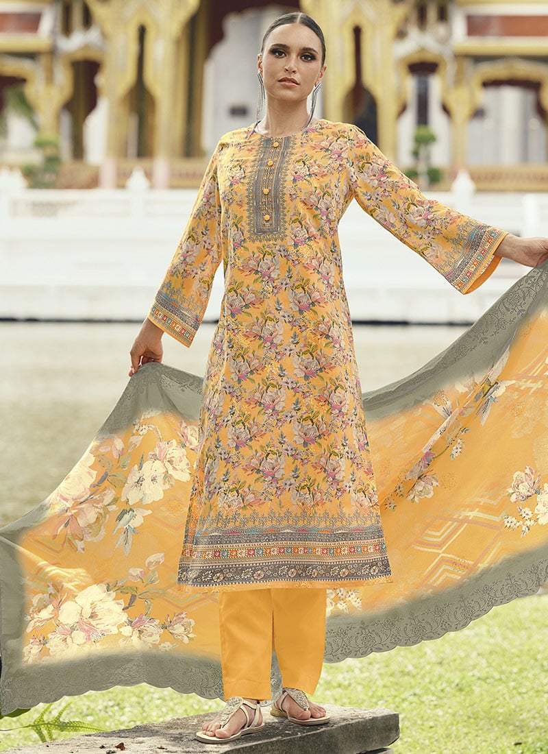 Mustard Lawn Cotton Digital Print Embroidered Thread Straight Pant Suit After Six Wear