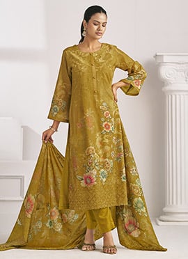 Mustard Lawn Cotton Digital Print Straight Pant Suit