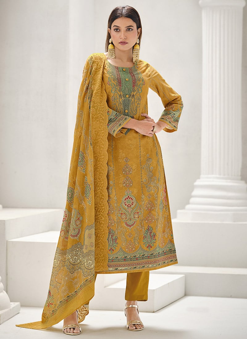 Mustard Lawn Cotton Digital Print Straight Pant Suit After Six Wear