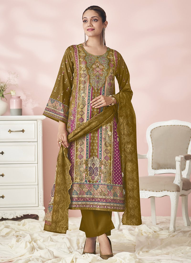 Mustard Lawn Cotton Embroidered And Digital Print Pakistani Suit Festive Wear