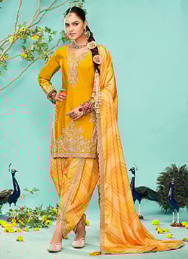 Mustard Leheriya Digital Print Dhoti Suit With Zari Embroidered Sequins