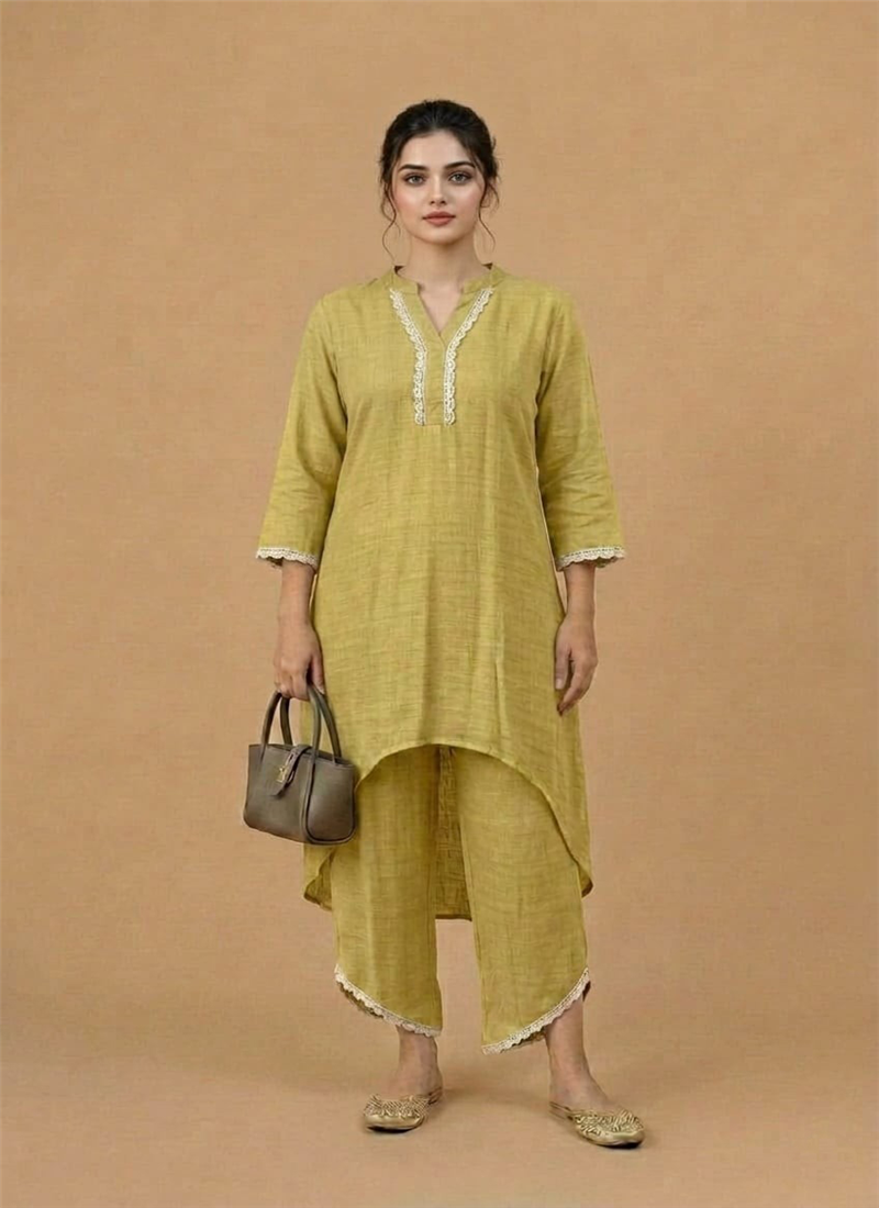 Mustard Linen Cotton Kurta Set After Six Wear