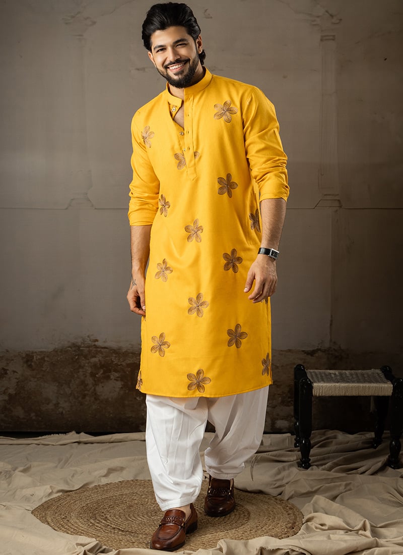 Mustard Linen Embroidered Men Kurta Pyjama Festive Wear