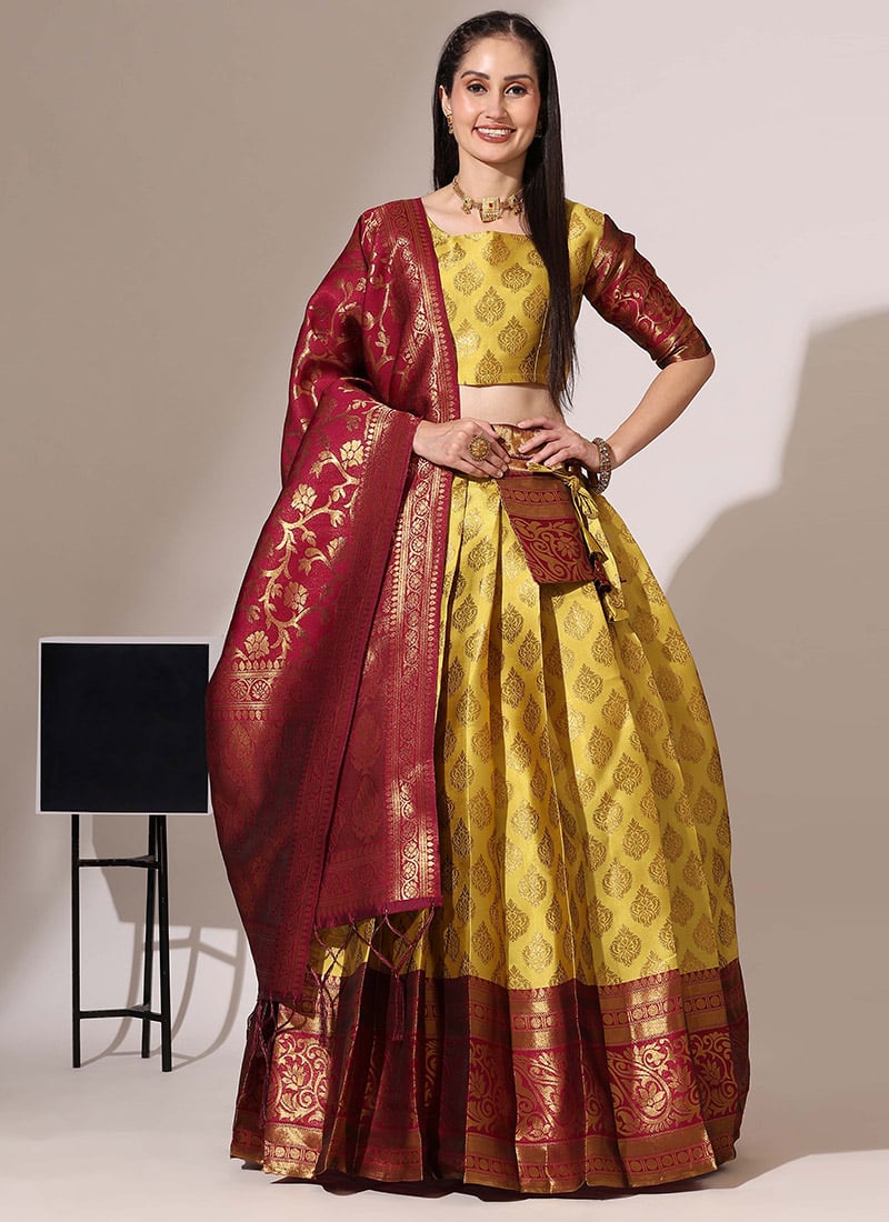 Mustard Litchi Silk Jacquard Effortlessly Elegant Lehenga Festive Wear