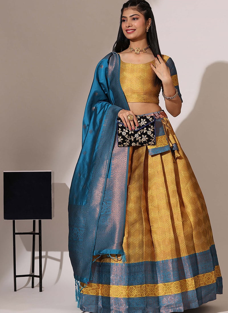 Mustard Litchi Silk Zari A Line Lehenga Festive Wear