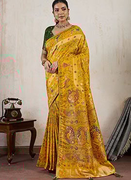 Mustard Makhmal Soft Silk Zari Meenakari Work Saree