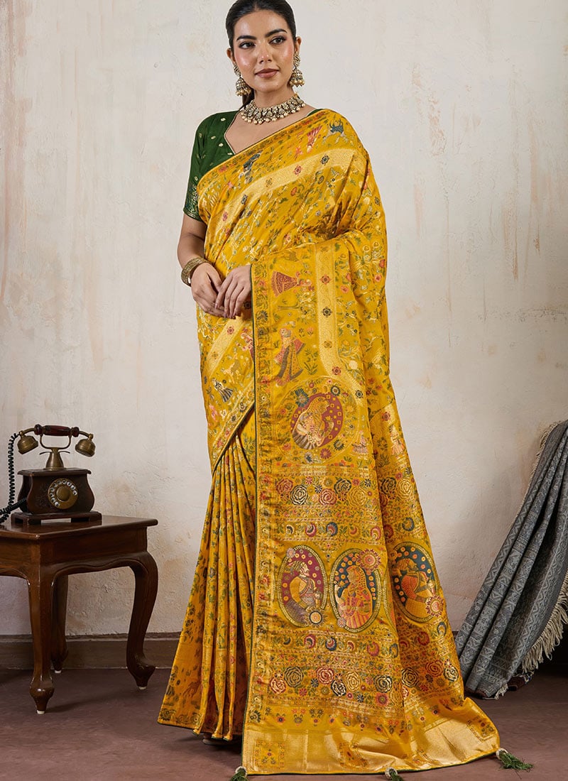 Mustard Makhmal Soft Silk Zari Meenakari Work Saree Festive Wear