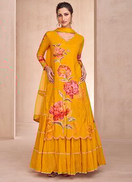 Mustard Muslin Hand Work Printed Long Kurti And Dupatta