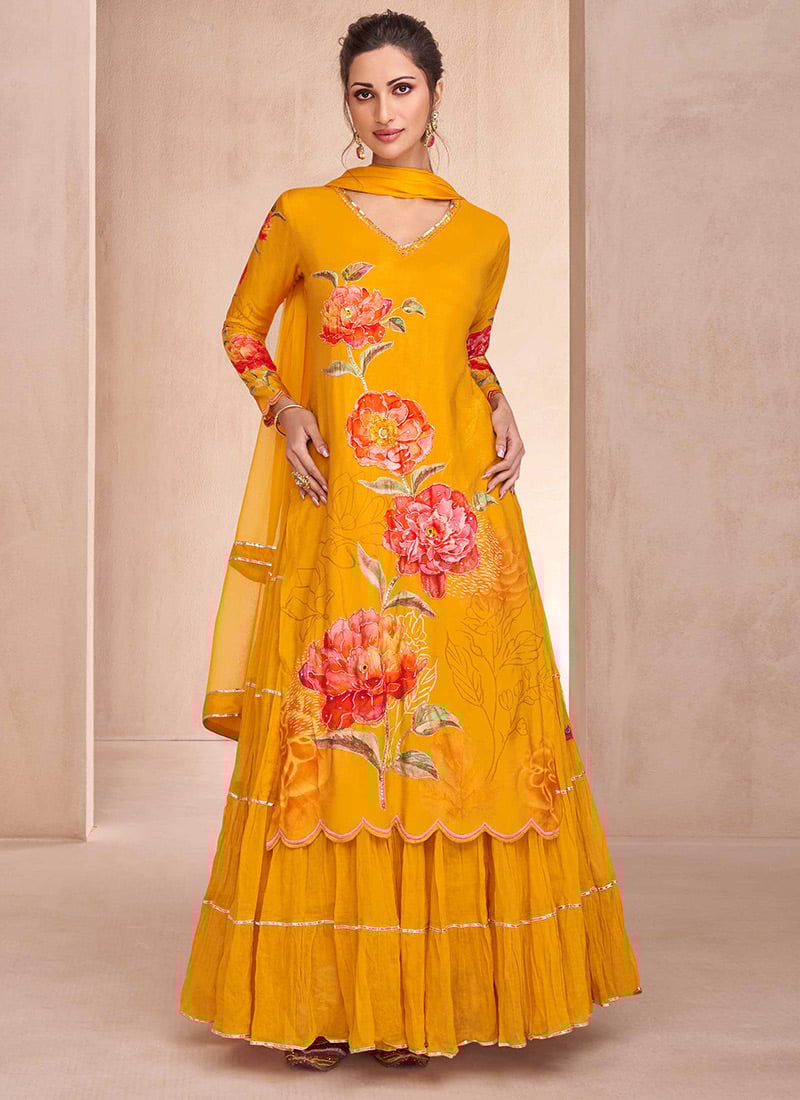 Mustard Muslin Hand Work Printed Long Choli With Lehenga For Elegant Women